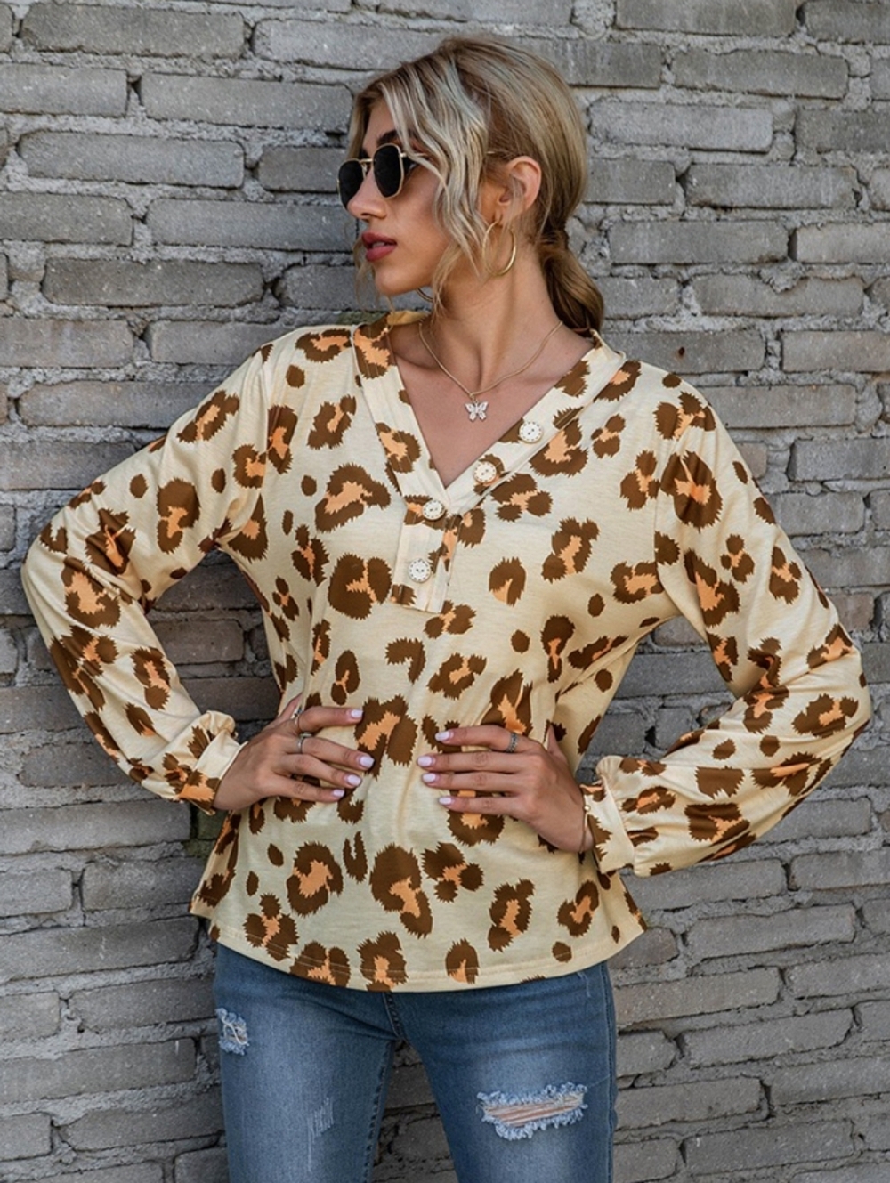 Button-Front V-Neck Leopard Print Blouse in Cream and Brown - Picture 4 of 5